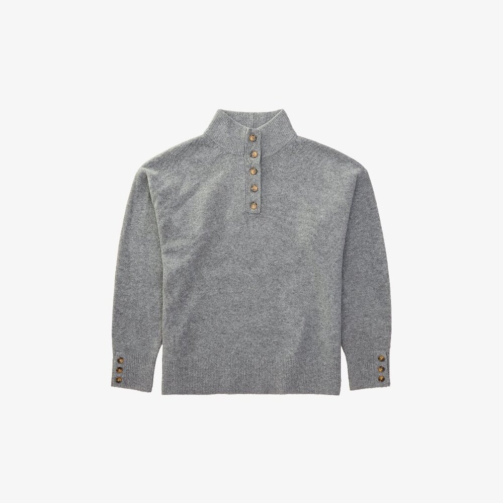 Classic Grey Knit Sweater with Wooden Buttons - Chic Mock Neck Pullover